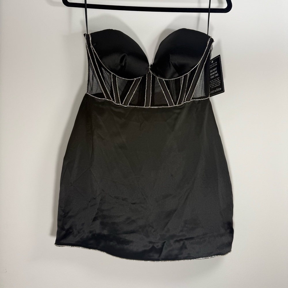 Retrofete Ludlow Mini Dress Sz Medium Satin Corset Strapless Rhinestone Black - Picture 3 of 16